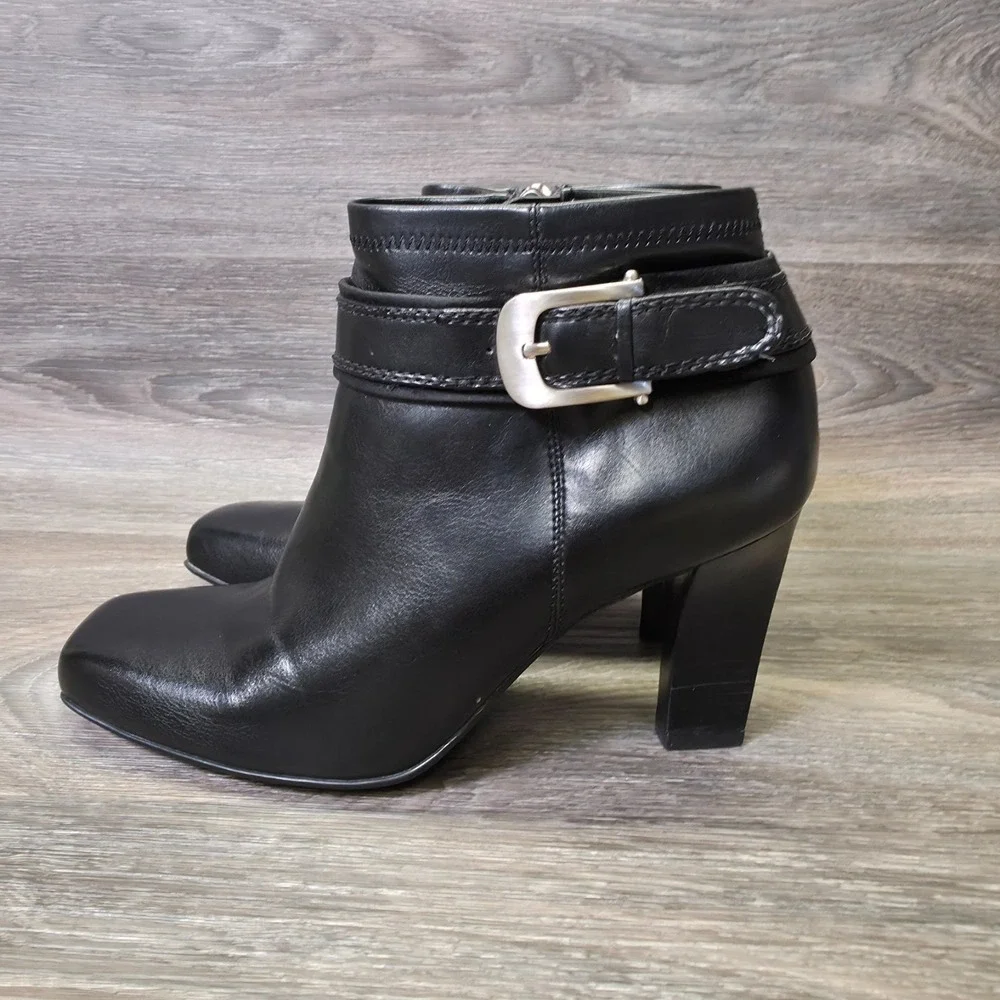 Franco Sarto Booties Womens‎ 7M Black Square Toe Buckle Ankle Heeled Moto Biker